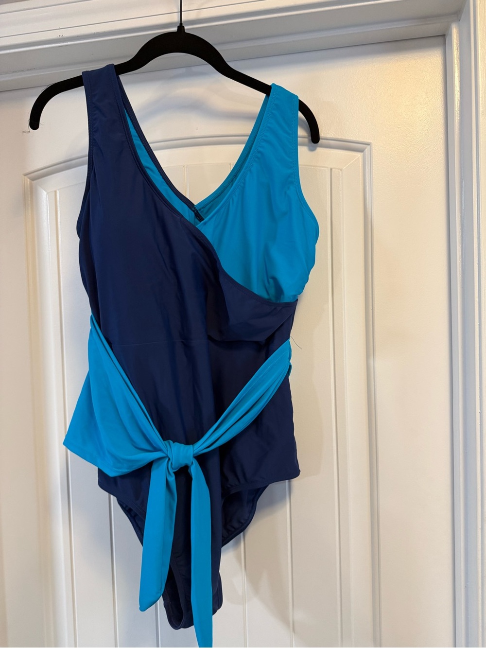 Colorblock Navy & Bright Blue One-Piece Swimsuit with Waist Sash